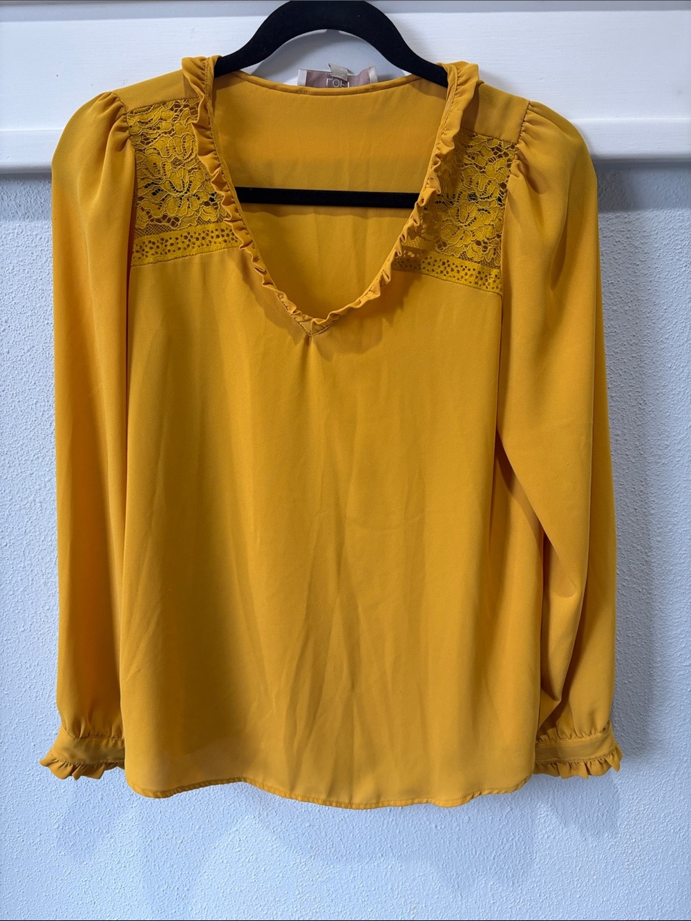 LOFT Mustard Yellow Lace Yoke Ruffle V-Neck Blouse